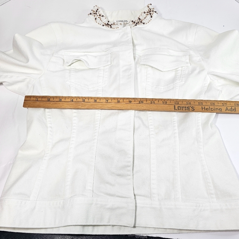 Vintage Harolds Women's White Denim Jacket with Embellished Collar - Picture 5 of 9